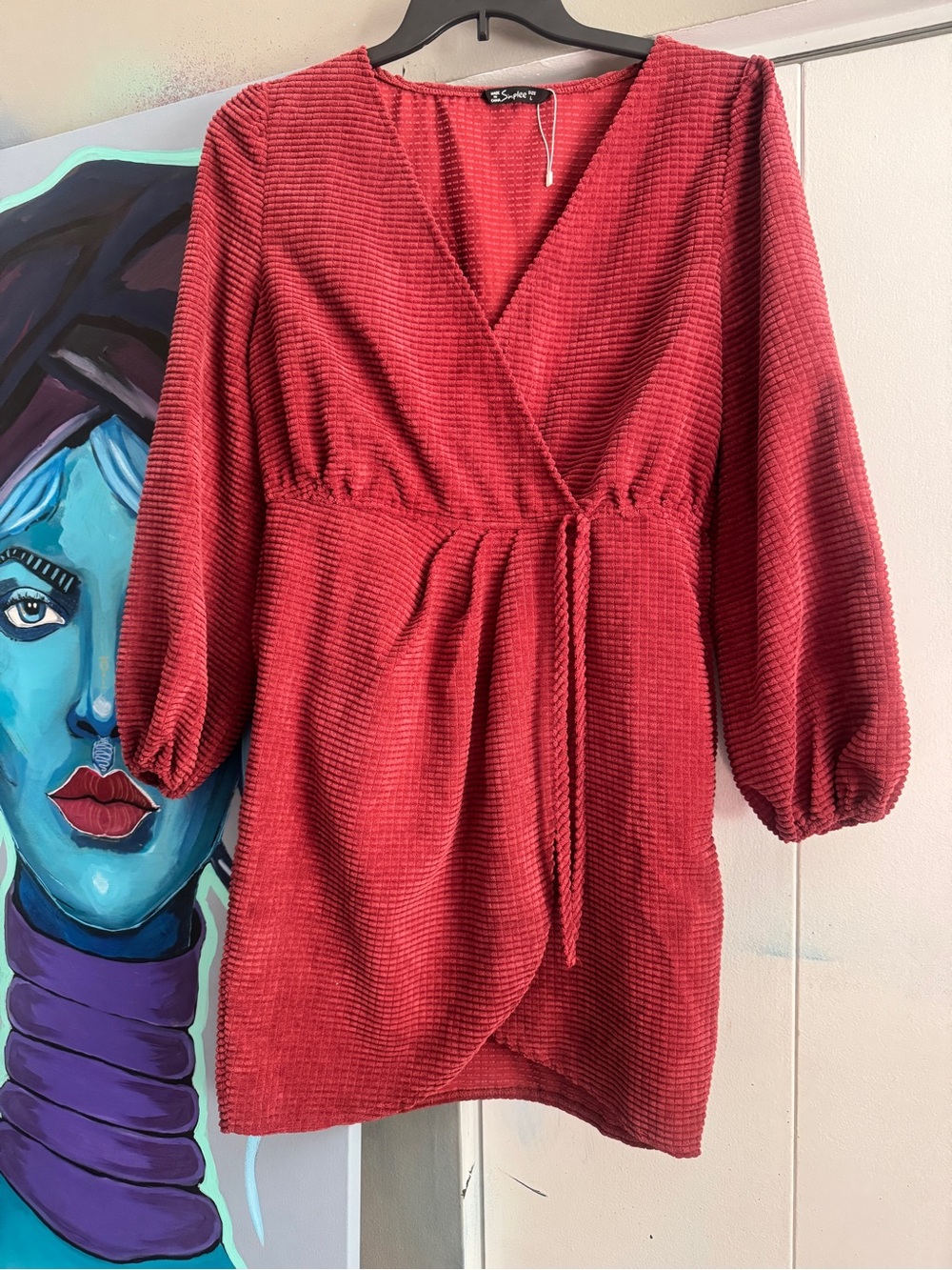 Terracotta Rust Textured Rib Knit Wrap Dress Balloon Sleeve Cinch Waist L